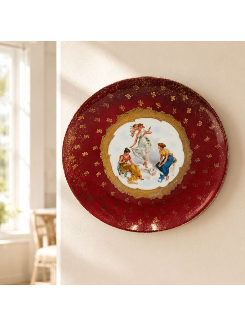 Antique Victoria Carlsbad Austria Red Gold Cherub Maiden Cabinet Plate 12"